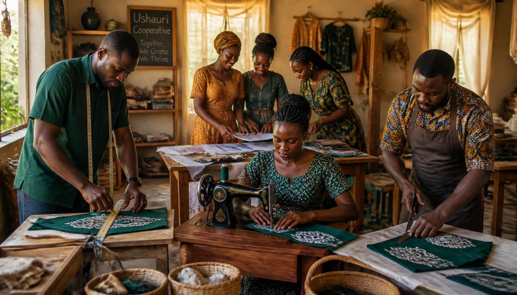 African tailors and seamstresses working together in a cooperative workshop